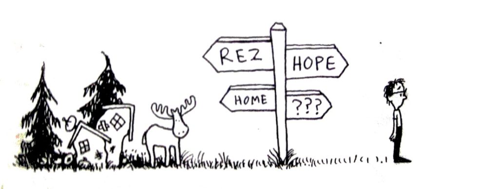 Drawing of boy by sign pointing to hope or Rez and home in opposite directions.