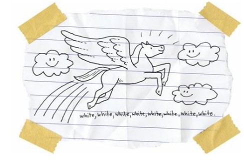 Drawing of flying horse with white white white words by Sherman Alexie.
